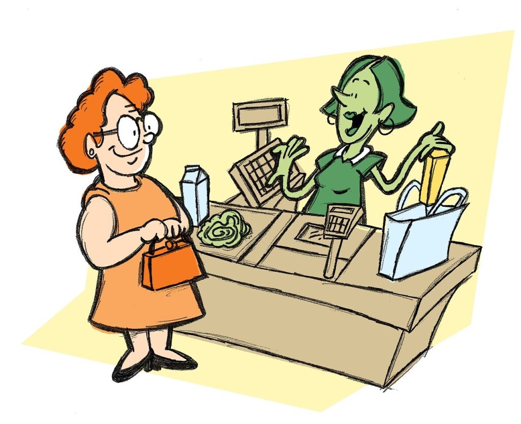 What do cashiers in sex stores think of customers' purchases? Cartoon of cashier and customer.