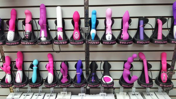 Is it awkward in sex stores? Photo of a vibrator display which customers can access