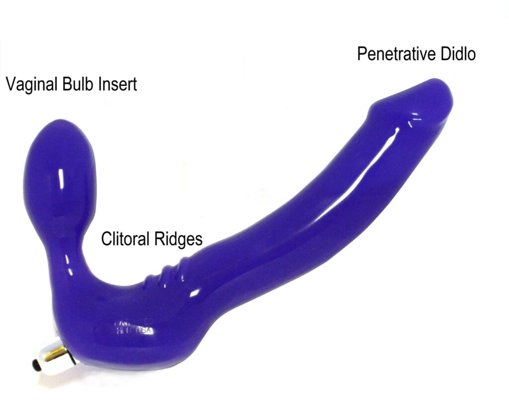 Do strapless strap-ons really work? Image of a strapless strap-on dildo with the insert, dildo and clitoral ridges marked.