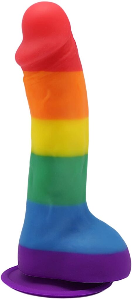 Do dildos feel good? Photo of a rainbow striped dildo