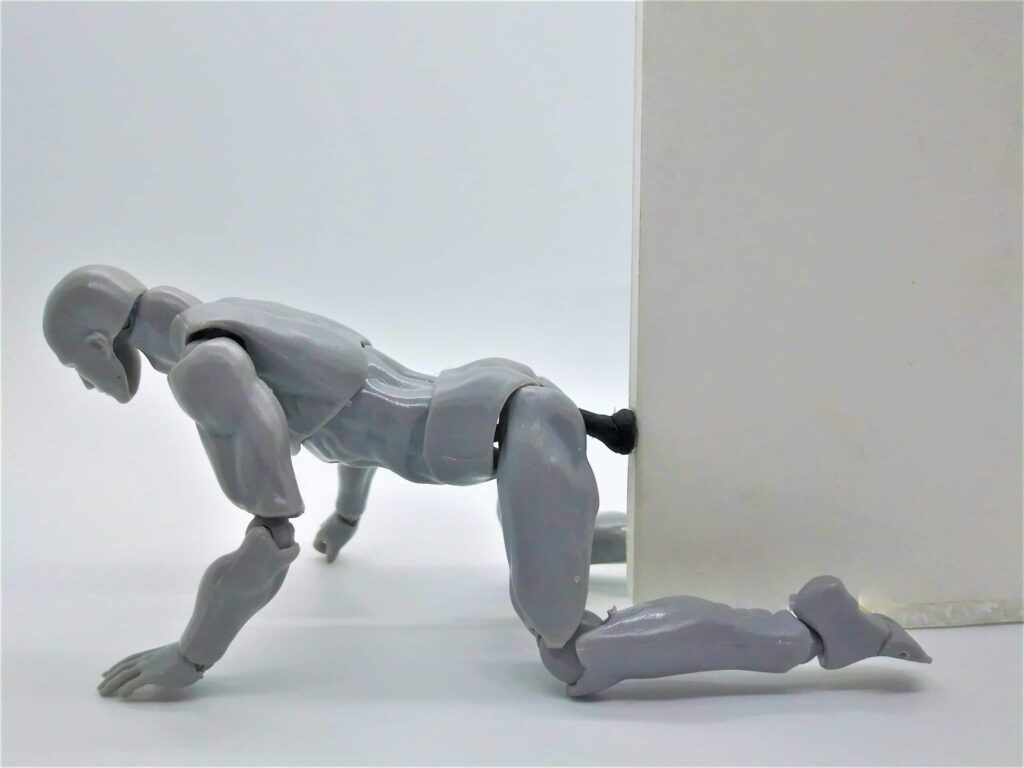 Positions for using a dildo for men: photo of a male figure on all fours backing onto a dildo suctioned onto an entry wall.
