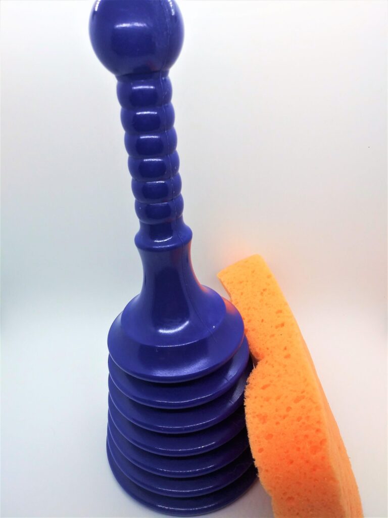 DIY water penis pump; photo shows a blue, accordion style sink plunger and an orange car wash sponge.