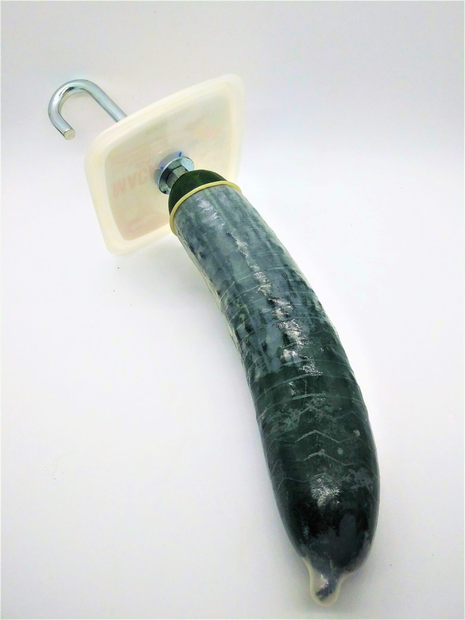 DIY anal sex toys using vegetables. Photo of a large cucumber on a DIY anal sex toy safety base.