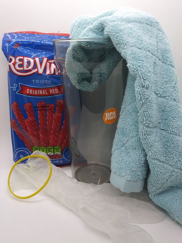 DIY Fleshlight candy cup. Showing the supplies needed to create.