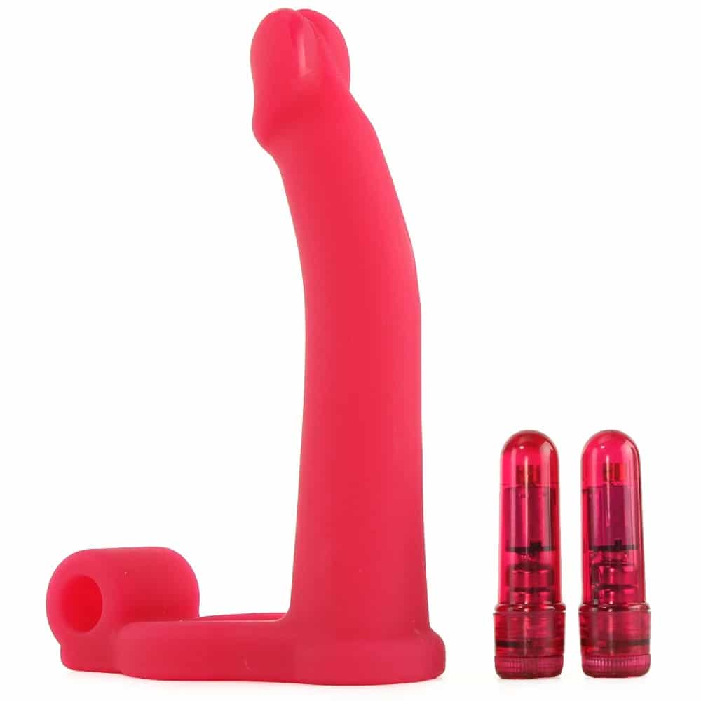 Double Penetrator Silicone Studmaker Cock Ring in Pink. Slide 4