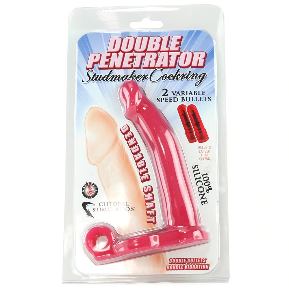 Double Penetrator Silicone Studmaker Cock Ring in Pink. Slide 3