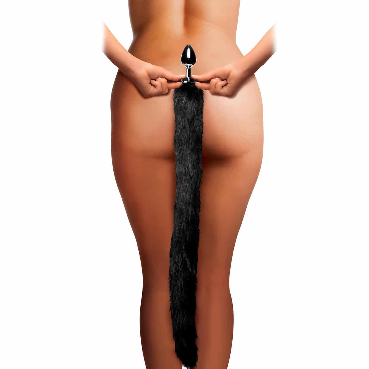 Tailz Aluminum Anal Plug With Extra Long Black Faux Mink Tail. Slide 6