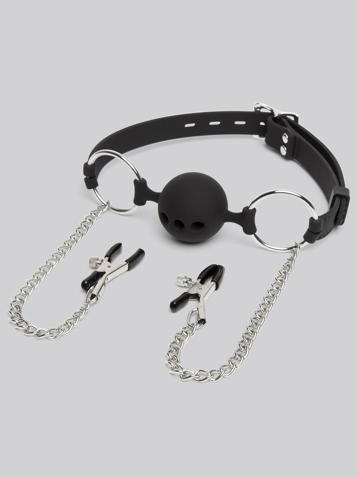 DOMINIX Deluxe Large Breathable Ball Gag with Nipple Clamps. Slide 10