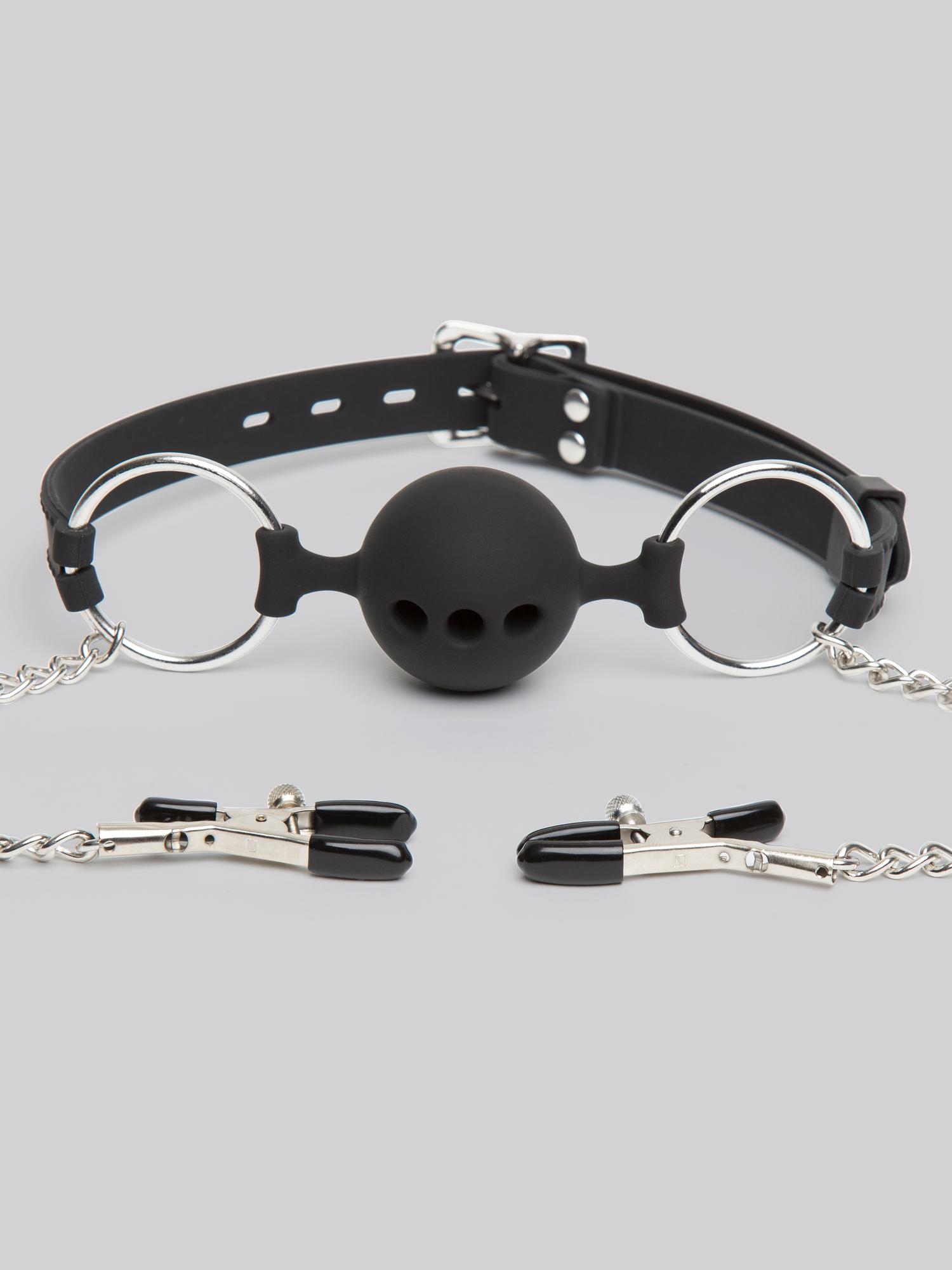 DOMINIX Deluxe Large Breathable Ball Gag with Nipple Clamps. Slide 11