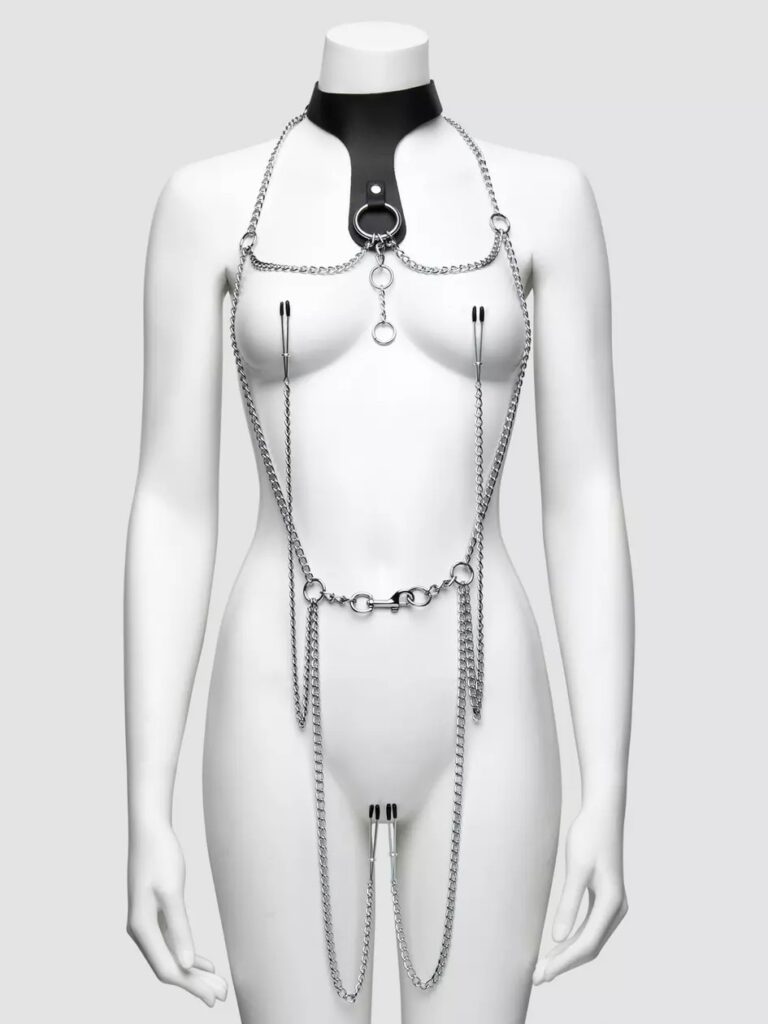 DOMINIX Deluxe Leather Collar with Clamps - Combine Nipple Clamps with BDSM Wearables