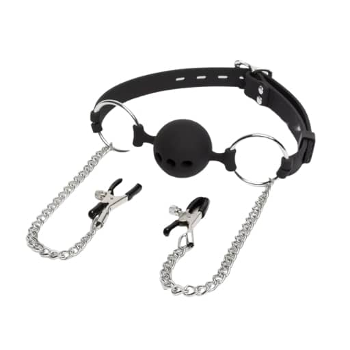 Large Breathable Ball Gag with Nipple Clamps - Try Nipple Stretching With Some Predicament Bondage