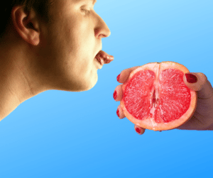 The best ways to eat pussy, how to use your tongue. Showing man sticking out tongue to lick grapefruit half