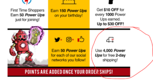 SheVibe free 2-day shipping via power up points