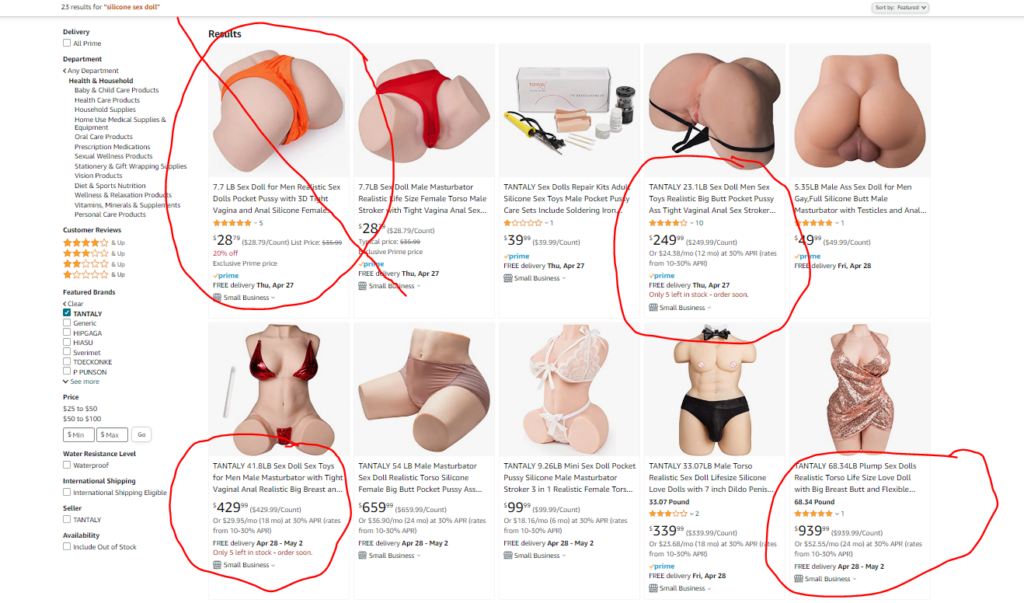 Sex doll search on Amazon, beware of knock offs