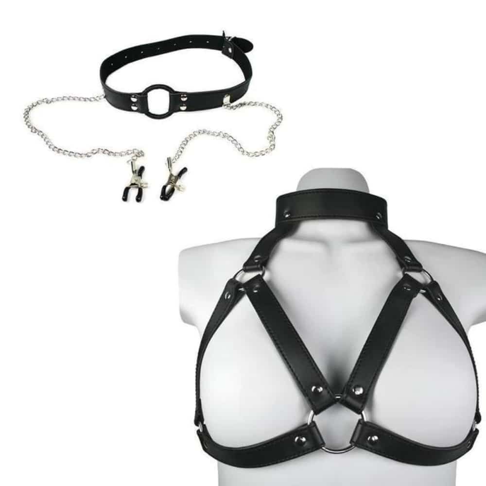 Dark Amour Harness with Gag & Nipple Clamps Set. Slide 2