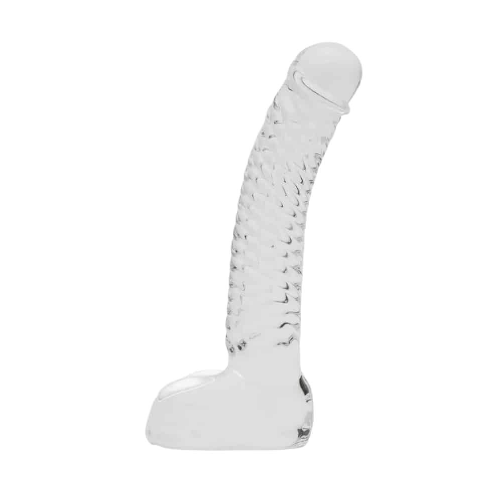 Realistic Textured Sensual Glass Dildo with Balls. Slide 1