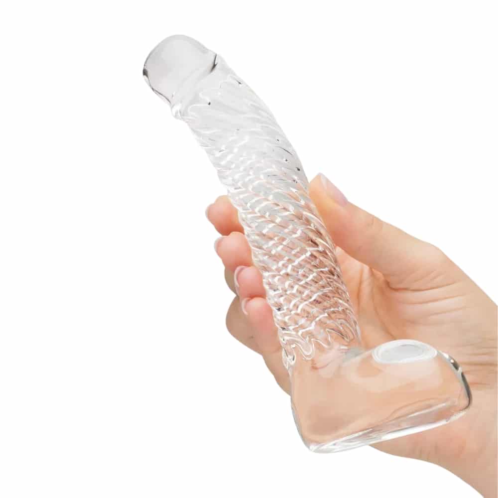 Realistic Textured Sensual Glass Dildo with Balls. Slide 2