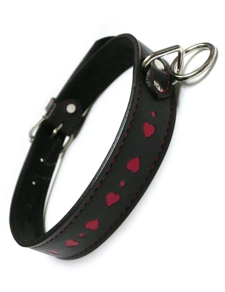 Black Leather Collar with Heart Inlay - Best Leather Bondage Collars