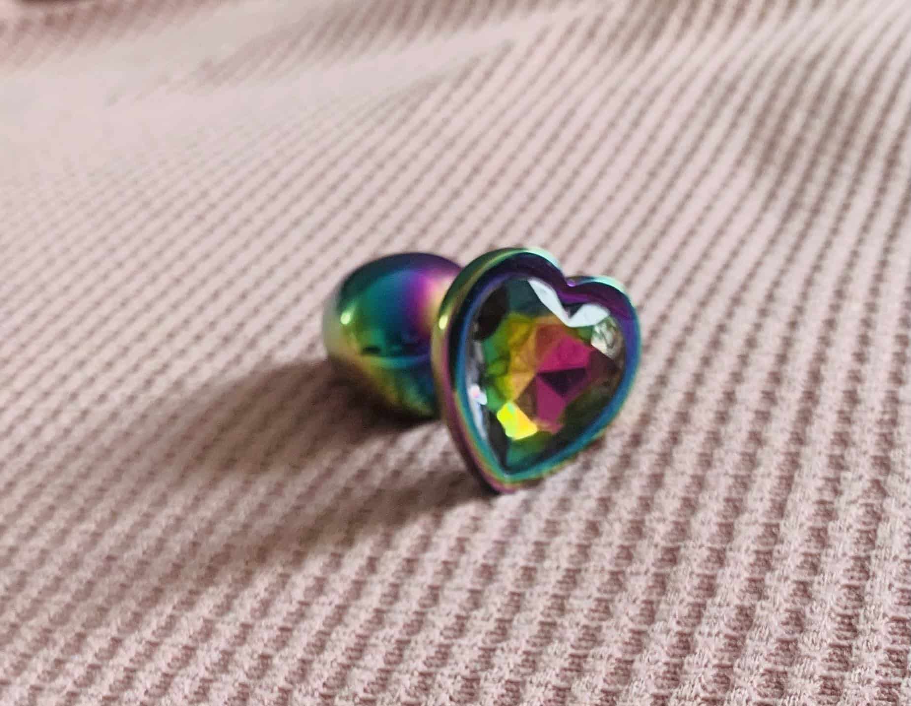 Rear Assets Small Jeweled Rainbow Heart Aluminum Butt Plug 2 Inch. Slide 2