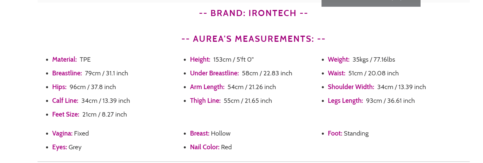 sex doll measurements