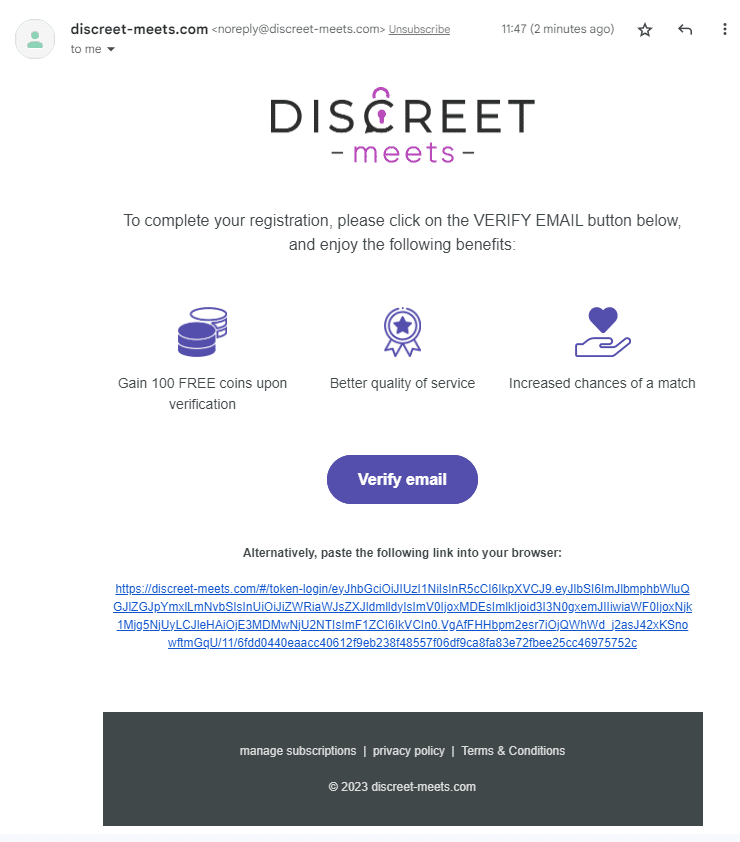 discreet-meets email verification