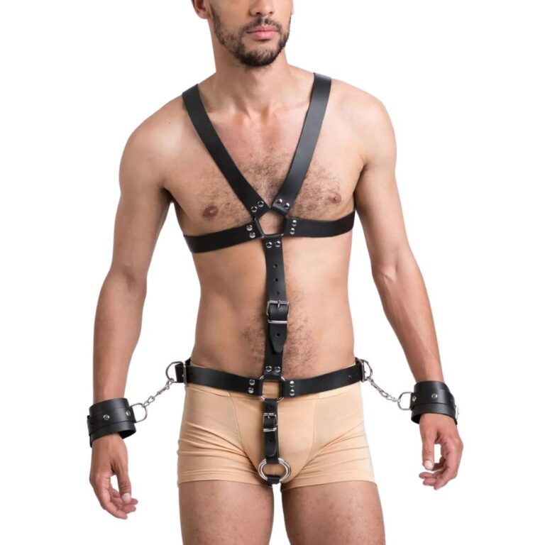 DOMINIX Deluxe Leather Body Harness with Cock Ring and Wrist Cuffs - Kinky Harnesses from DOMINIX to Spice Up Your Look