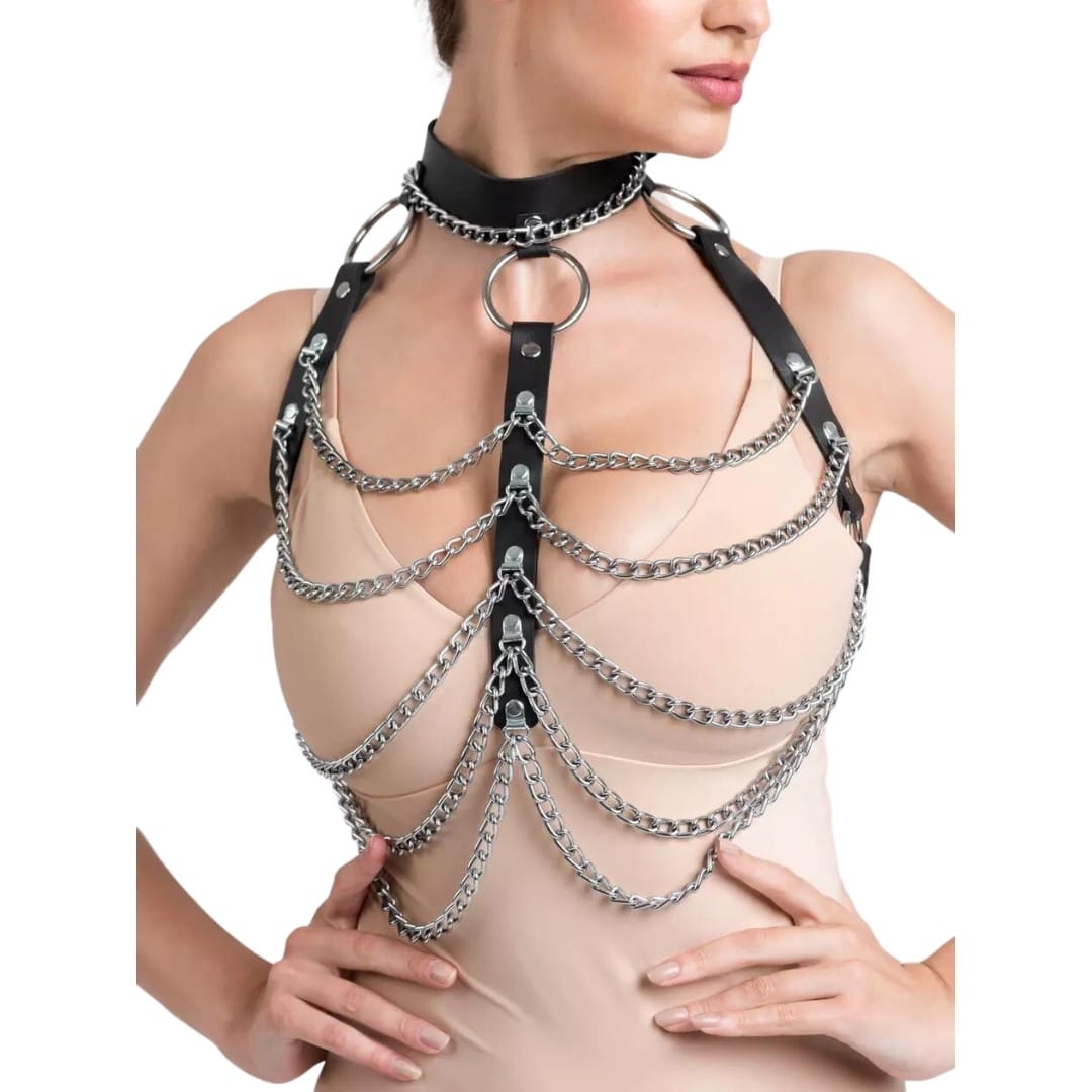 DOMINIX Deluxe Leather and Chain Harness Bra. Slide 2