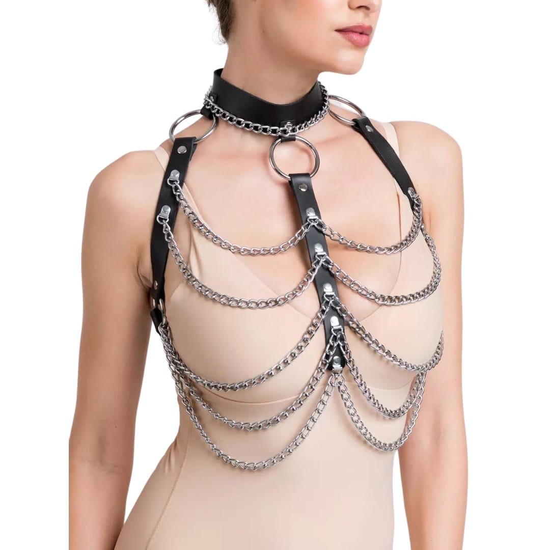 DOMINIX Deluxe Leather and Chain Harness Bra. Slide 1