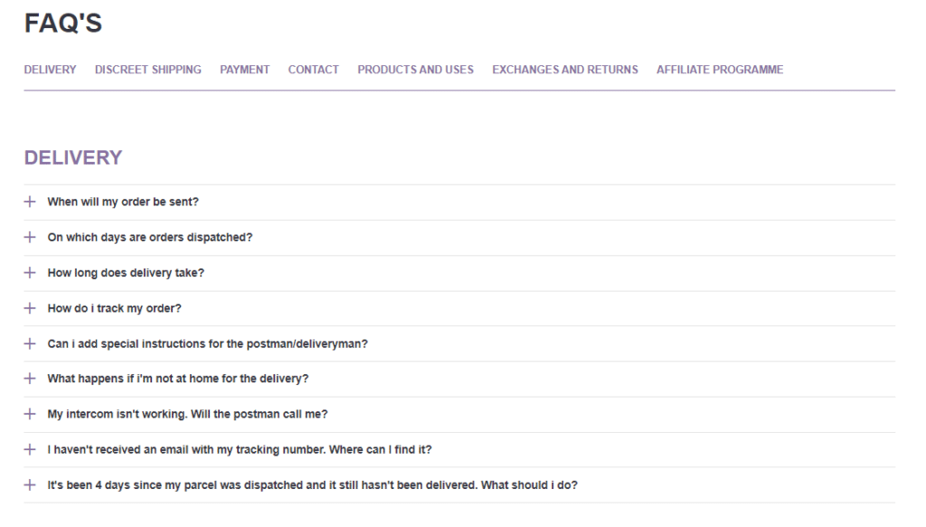 The FAQ's section on the Wet For Her website.