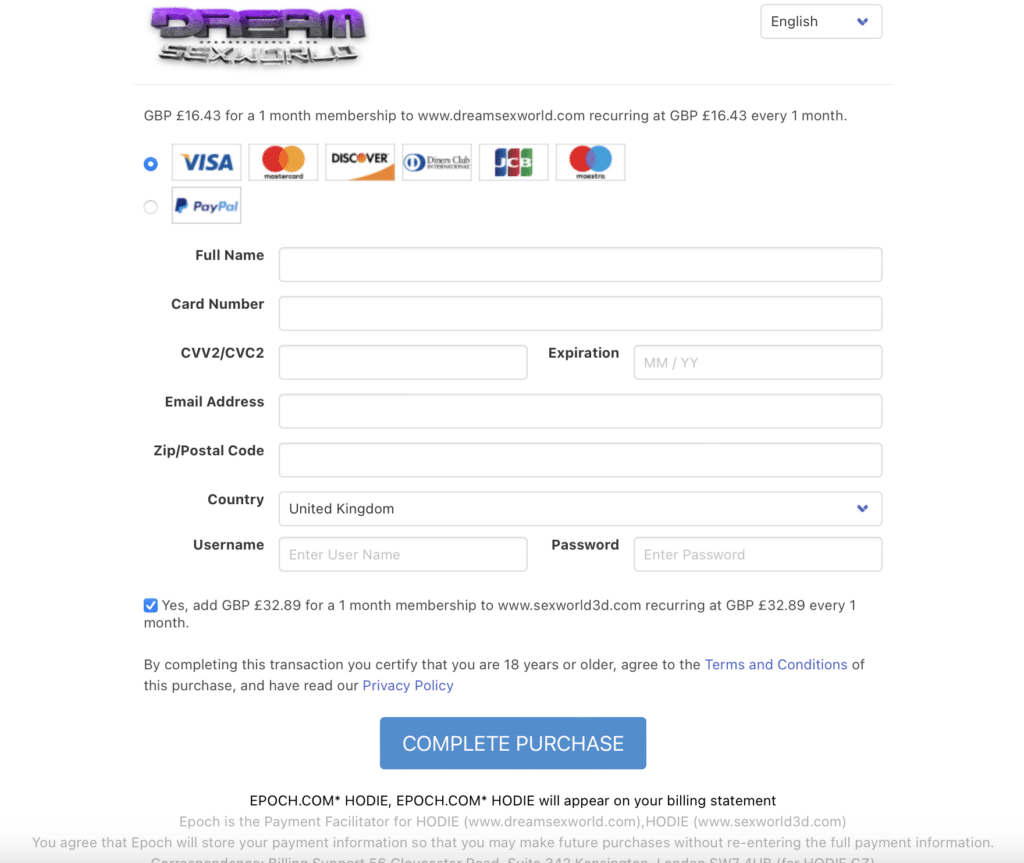 dreamsexworld payment page