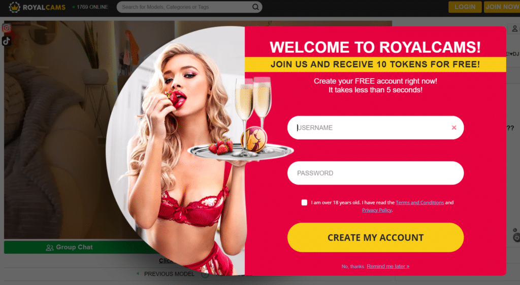 RoyalCams Free Tokens on Sign Up