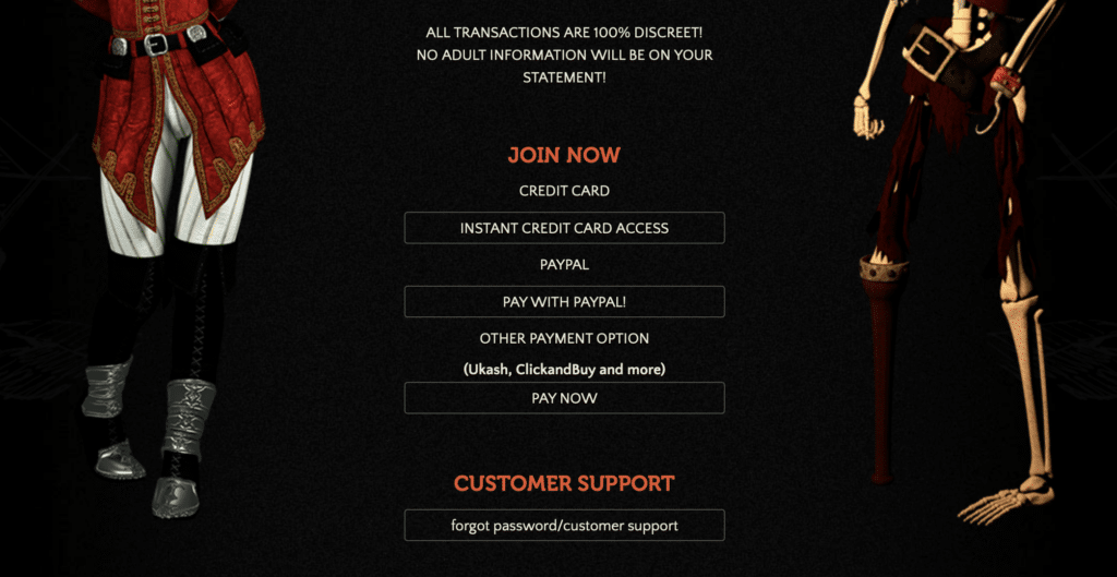 Pirate Jessica payment method screen