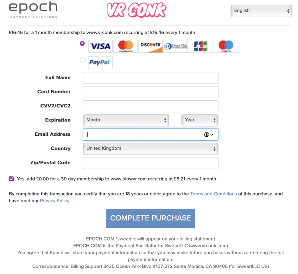 VR conk payment screen
