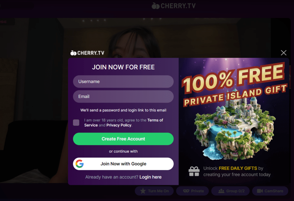 Cherry.tv sign up page