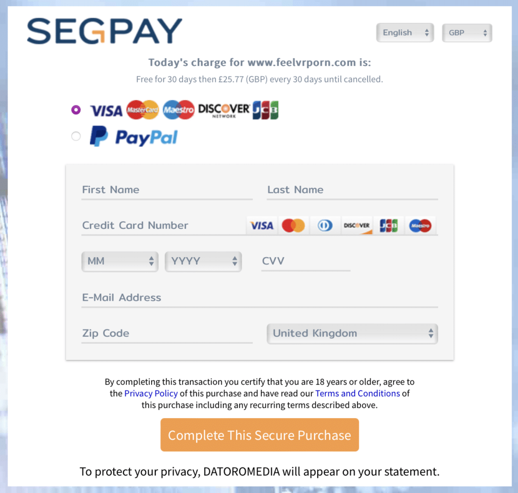 Feel VR Porn payment page