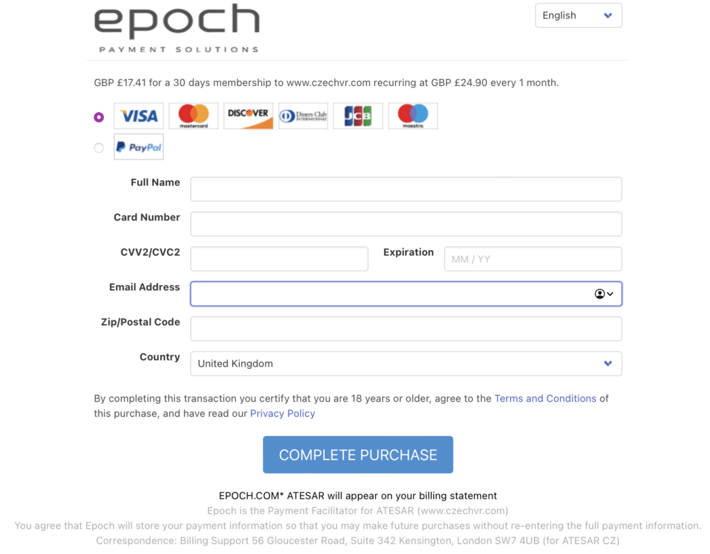 Czech VR payment page