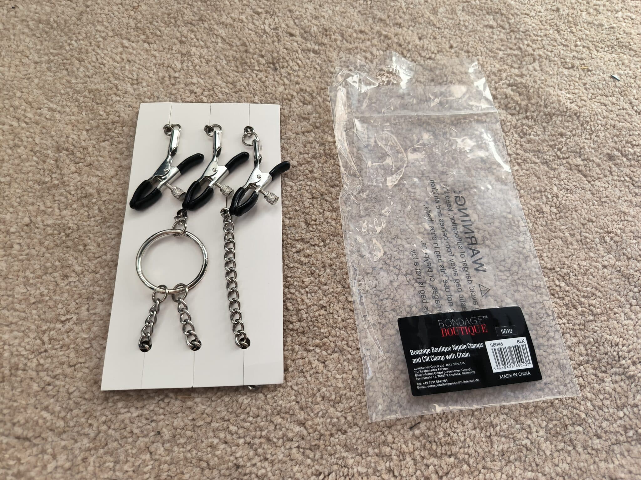 Bondage Boutique Adjustable Nipple Clamps and Clit Clamp Packaging