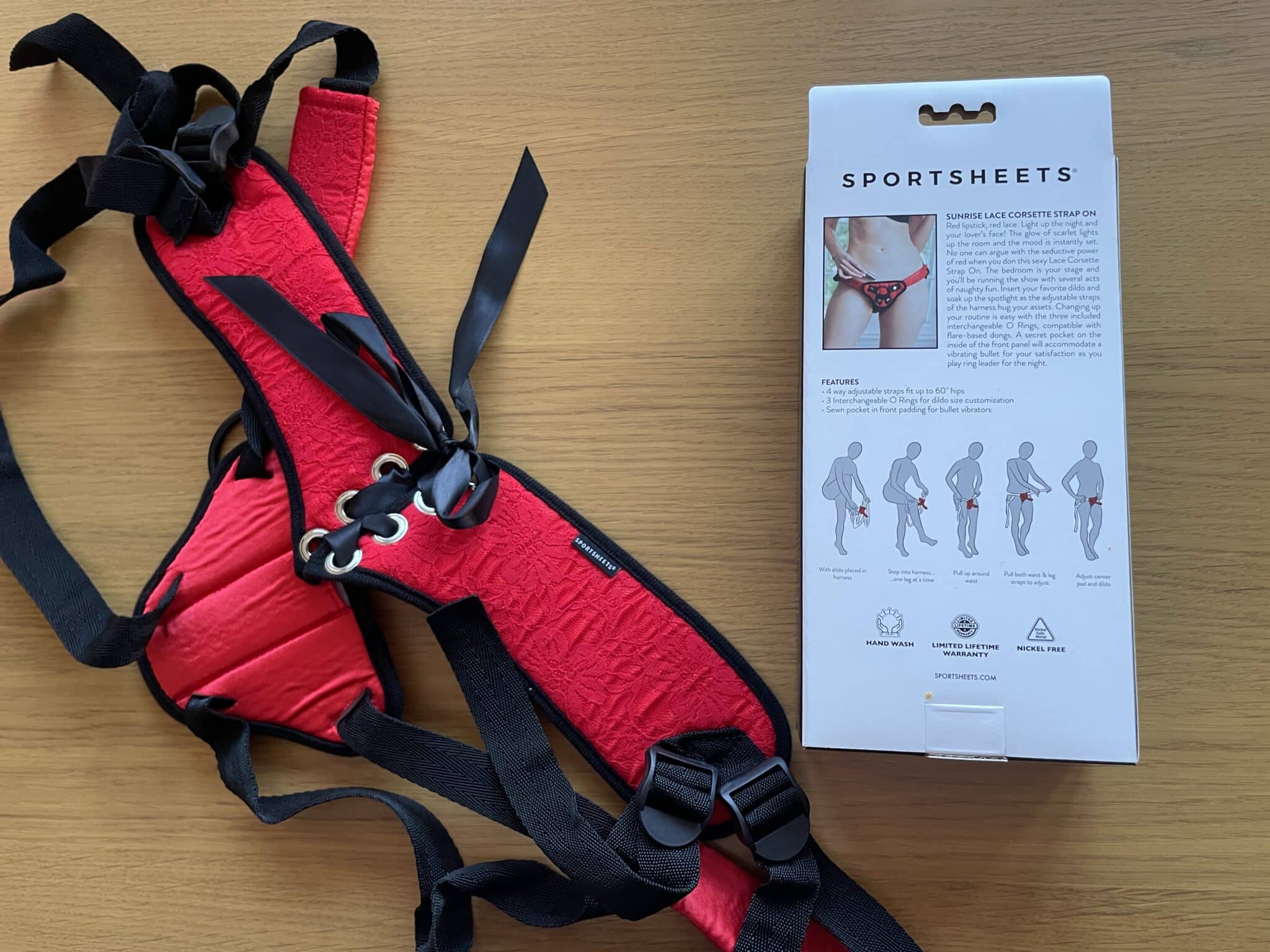 Sportsheets Red Lace Corsette Strap-On Harness Materials and care